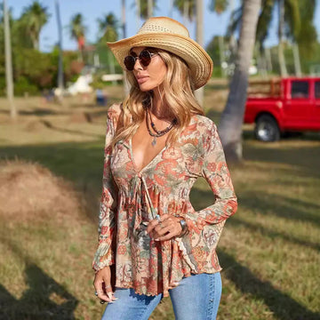 Camisa de Manga Larga con Estampado y Cuello en V para Otoño