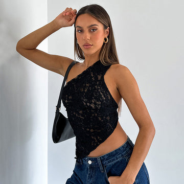 Top Sin Espalda con Cuello Diagonal de Encaje