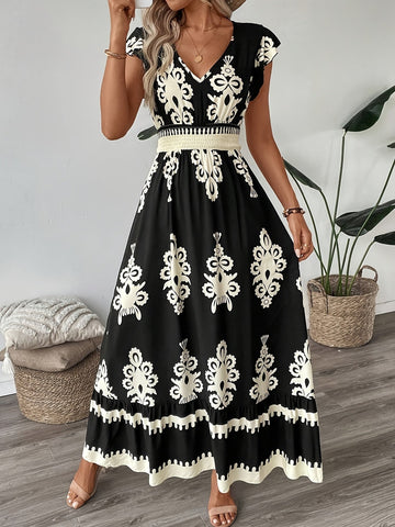 Vestido Largo Mujer - Escote en V - Manga Corta - Cintura Fruncida - Estilo Bohemio
