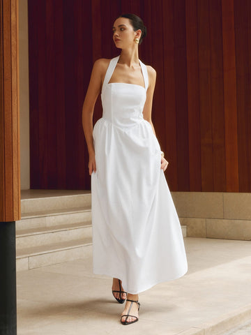 Vestido Largo Mujer - Escote Halter - Sin Mangas - Corte Fluido Elegante